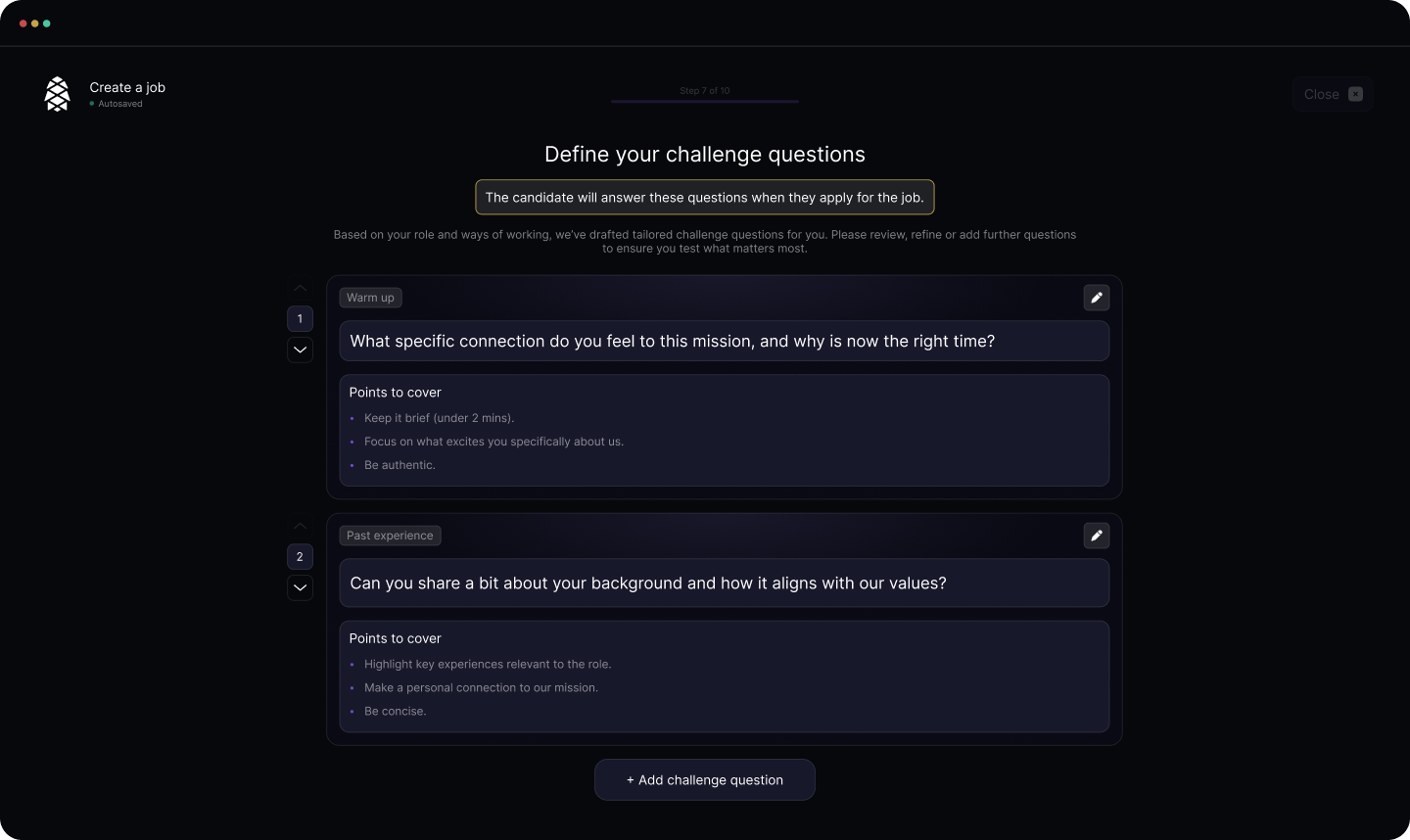 Create a job — define tailored challenge questions for applicants