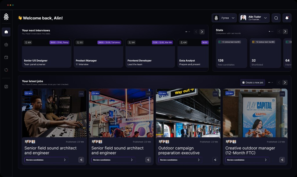 Pynea home dashboard — interviews, stats, and open roles in one place