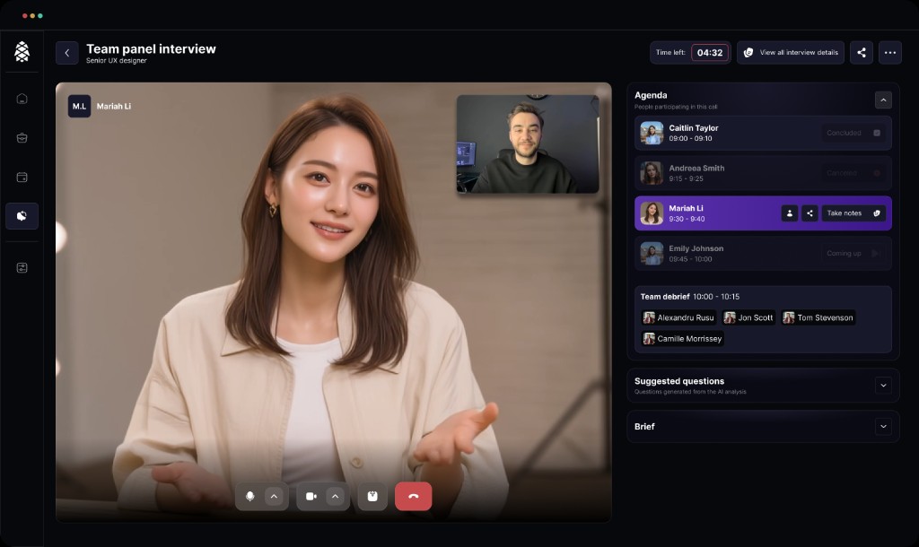 Team panel interview with agenda, debrief, and AI suggested questions